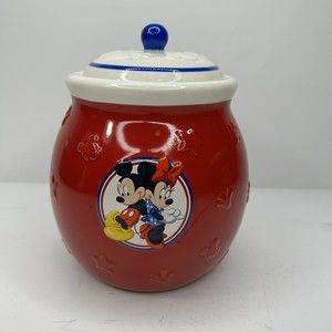 Vintage Disney Mickey Minnie Mouse Cookie Sugar Storage Jar Ceramic Red  Lid 7"